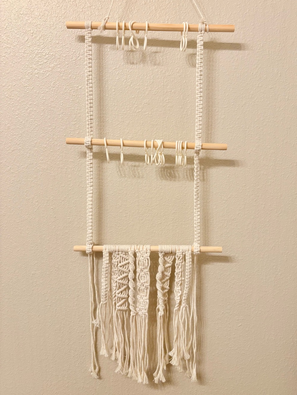 Handwoven Cream Macramé Wall Hanging  and organizer and bows